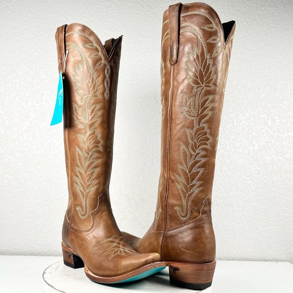 Tan Heeled Boots with Intricate Embroidery